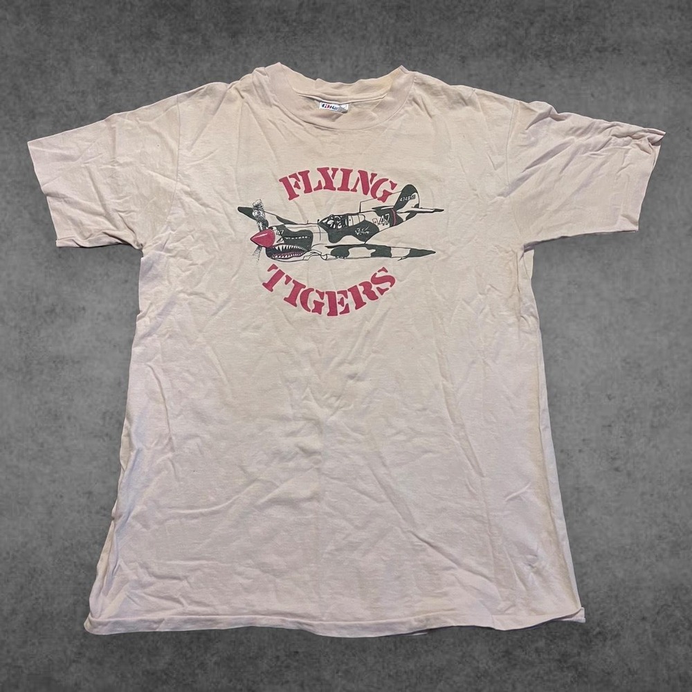Vintage 90s Flying Tigers Military Airplane Graphic T-Shirt Mens Large Cream